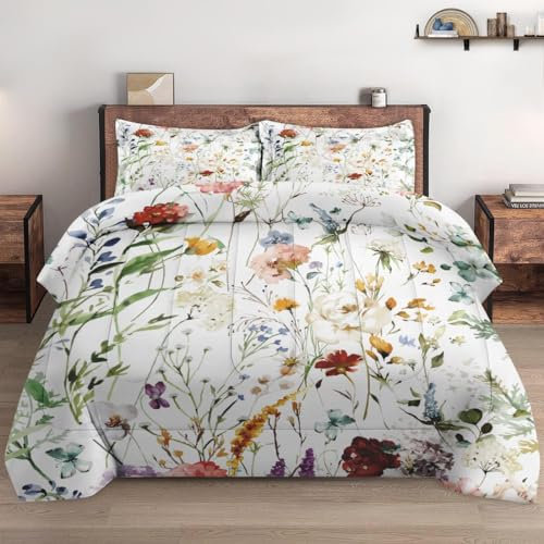 WeCozy Bettwäsche-Set in voller Größe mit 2 Kissenbezügen, Wildblumen-Blumen-Bettwäsche-Set für Kinder und Erwachsene, Boho-Aquarell-Schmetterling, weiches Bettdecken-Set für Schlafzimmer,