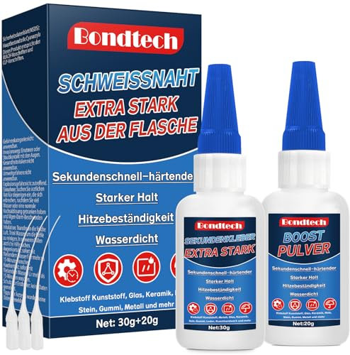 Schweißnaht aus der Flasche, 2k Sekundenkleber Extra Stark, Schweissnaht Kleber Hitzebeständig, für Kunststoffkleber, Plastik, Keramik, Holz, Stein, Glas (30 g mit Booster 20 g)