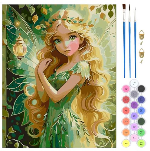 QENSPE DIY Malen nach Zahlen für Erwachsene, Farbe Ölgemälde Mädchen Malen nach Zahlen Set für Anfänger – Farbe Leinen Leinwand mit Acrylfarbe und 3 Pinsel, Haus Wand Deko Geschenk 40x50cm - Grüne Fee