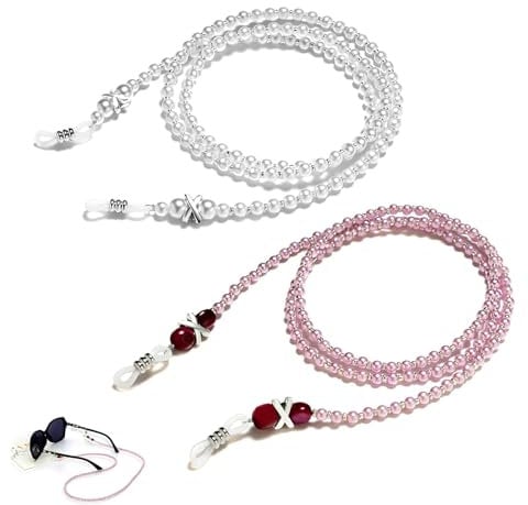 2 Pcs Pearl Glasses Chain Anti-Slip Beaded Eyeglasses Straps Adjustable Reading Spectacles Neck Cord Simple Funky Spectacle Holder Lanyard Sunglasses Eyewear String for Women Girls, White and Pink