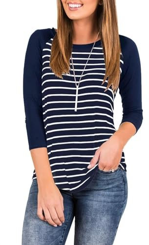 LACOZY Plus Size Clothing for Women 3/4 Sleeve Raglan Striped T Shirts Round Neck Baseball Loose Blouse Tunic Tops Navy Blue L