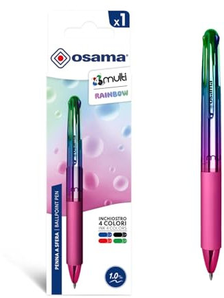 OSAMA 4 Multi Rainbow – Kugelschreiber Hochwertig 4, Kugelschreiber Minen 1,0 mm, Stifte Pen mit Tinte Schwarz, Blau, Rot und Grün, Schreibwaren Schule, Büro, Universität - 1 Stück