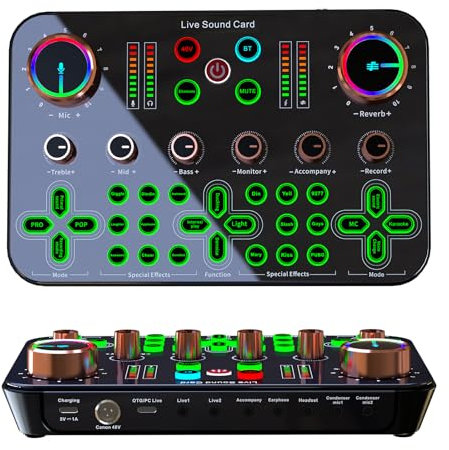 Audio Mixer, Live Sound Karte mit 16 Sound Changer Effekten, Bluetooth Streaming DJ Mixer, Sound Mixer Board für Live Streaming/Recording/Podcasting/Gaming