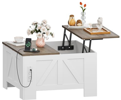 YITAHOME Couchtisch Höhenverstellbar Wohnzimmertisch mit versteckter Stauraum, anhebbarer Tischplatte und Steckdose, Wohnzimmer Tisch für Couch, Weiß und Grau