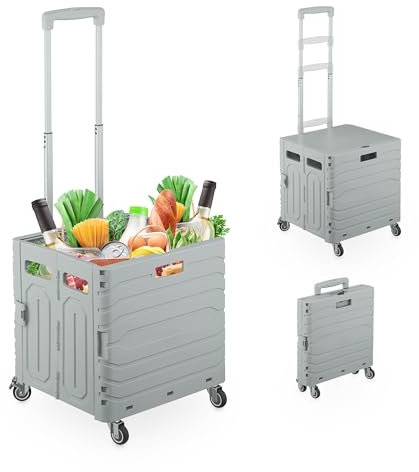 Relaxdays Einkaufstrolley, klappbar, Einkaufskorb mit Rollen, Deckel & Teleskopgriff, bis 35 kg, Klapptrolley, grau