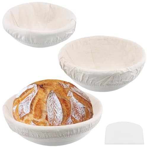 MUNGHOK 3 Stück Gärkörbchen set rund, 16cm 20cm 25cm Gärkorb Brotkorb mit waschbarem Leineneinsatz und Teigschaber, Peddigrohr Gärkorb Brot backen Zubehör für Brot und Teig