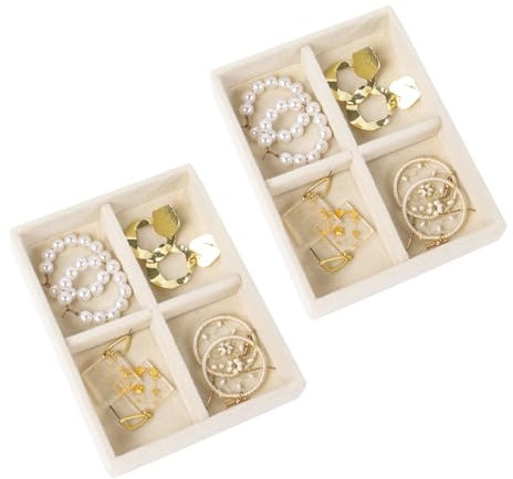 Nwvuop 2 Pack Jewellery Organiser Tray, 4-Compartment Stackable Jewellery Tray for Drawer Jewellery Organiser for Earring, Ring, Necklace(Beige)