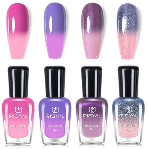 Color Changing Nail Polish - 4 Colors Temperature Colour Change Quick Drying Nail Varnish Set - Pink Purple Series Mood Chameleon Long Lasting Glossy Nail Polish Set - No Need Cured