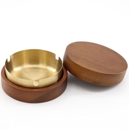 AHEJIOO Aschenbecher mit Deckel für Draussen, Outdoor Aschenbecher aus Holz, Herausnehmbare Edelstahl-Auskleidung, Winddicht, Ideal für Garten, Balkon, Terrasse, Geschenkidee für Männer