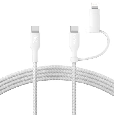 Belkin Câble de recharge 2-en-1 avec connecteurs USB-C et Lightning (gaine tressée, recharge rapide, USB-C vers USB-C et Lightning, pour Apple iPhone, iPad, Samsung, etc., blanc)