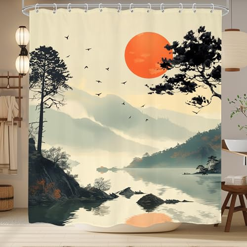 LIGHTINHOME Japanischer Duschvorhang mit Bergsonne, 152,4 x 183,9 cm (B x H), Aquarell, schwarz, rot, chinesischer Baum, Landschaft, Tusche, Malerei, Stoff, wasserdicht, Polyester