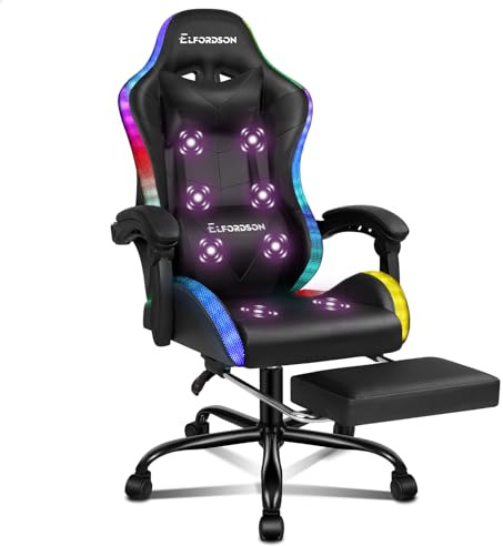 ELFORDSON LED Gaming Chair with 8-Point Massage, Ergonomic Computer Office Chairs with Headrest, Lumbar Cushion, Footrest, RGB Light, PU Leather, Lyam Series (Black)