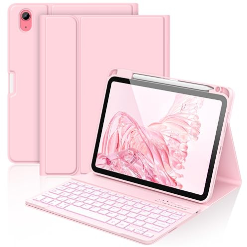 aMZCaSE para iPad A16 10/11th Generation Funda con Teclado 11/10.9 Inch(2025/2022),Funda con Retroiluminado de 7 Colores con Teclado Inalámbrico Desmontable con Soporte para Bolígrafo (Rosa pálido)
