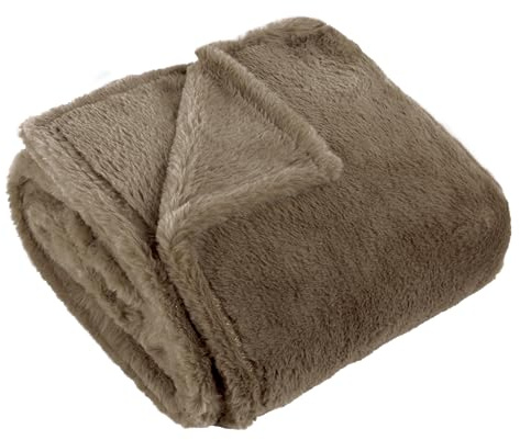 furn. Kallu Throw (Mocha-150x200cm) | Double Sided Faux Fur Wide Oxford Border Soft Cosy Contemporary Earthy Blanket