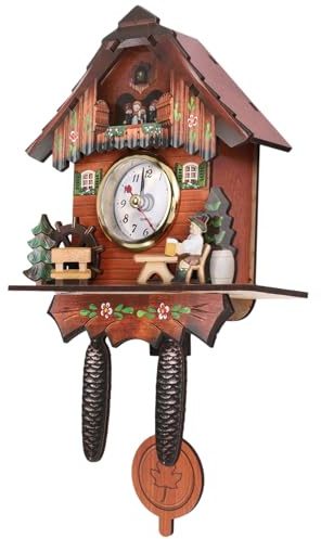 Fuhjythy Antique Wooden Wall Clock Bird Time Bell Swing Alarm Watch Home Art Decor 006
