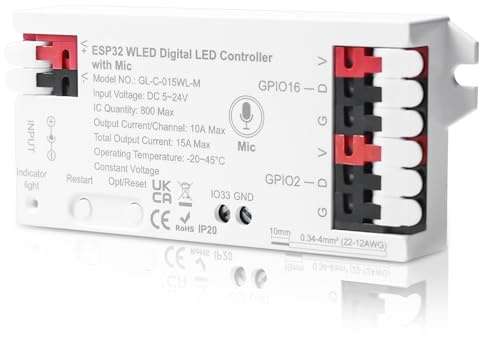 Behogan Controlador ESP32 WLED, Controlador LED Direccionable Digital Con Micrófono, Más De 100 Efectos De Luz Personalizables, Para Iluminación Digital RGB Y RGBW