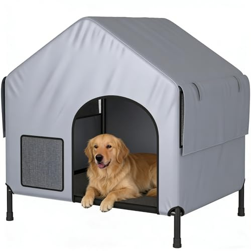 LitaiL Hundehütte für kleine große Hunde Outdoor Indoor, wetterfestes 600D PVC Baldachin, 2-in-1 Textilene erhöhtes Hundebett, außen große Hundehütte mit atmungsaktiven Netzfenstern und Sonnenschirmen