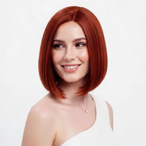SIMKAYLEE Perücke Kupferrote Damen Kurz Glatt Kurzhaar Perücke Rot Bob mit Seitenscheitel Schulterlang Perrücke Haare Frauen für Karneval Fasching Halloween Cosplay Anime Alltag Short Red Wig (33 cm)