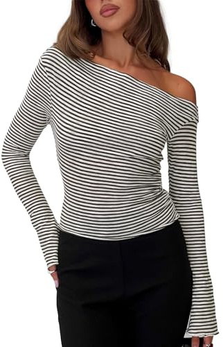 TZLDN Women Off The Shoulder Tops Stripe Long Sleeve Top Sexy Going Out Party Autumn Black M