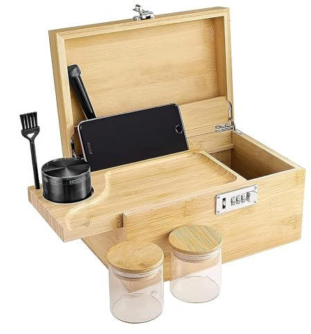 Polegas Bambusbox mit Zahlenschloss, Dekorative Aufbewahrungsbox aus Holz | mit Rolltablett und Sämtlichem Zubehör, perfekte Wahl als Geschenk (25.5x17.5x13cm)