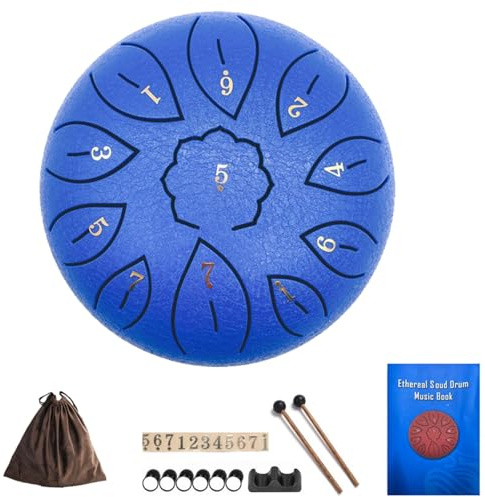 Steel Tongue Drum 6 Inch 11 Notes, G Tone Healing Hand Pan Drum, With Carry Bag, Music Book, Mallets, Finger Picks, Stickers for Beginner(Blue)