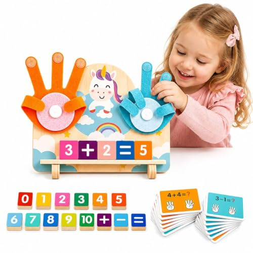 DQMOON Montessori Maths Toys for 4 5 6 Year Olds, Unicorn Finger Counting Board with Number Blocks & Maths Cards, Wooden Preschool Learning Toys, Birthday Unicorn Gifts for Girls Xmas Stocking Fillers