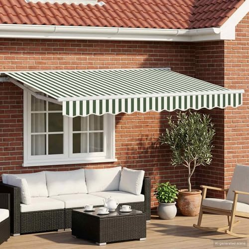 Tenda da sole elettrica estensibile verde e bianca 3x2,5 m con telecomando, manovella manuale e struttura a semicassetta, per terrazze, giardini e balconi