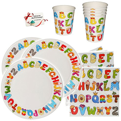 alles-meine.de GmbH 36 TLG. Set Pappbecher & Pappteller & Servietten - ABC/Alphabet - Buchstaben - Becher zum Schulanfang/Geburtstag - Kindergeburtstag & Schuleinführun..