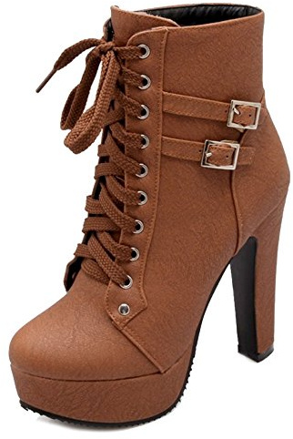 Onewus Fashion Women Lace-up Platform Boots High Block Heel Ankle Booties