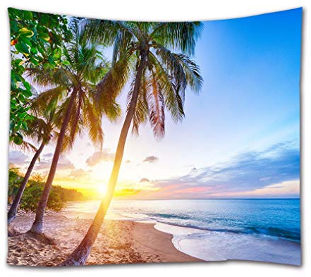 A.Monamour Wanddekor Wandbild Vorhang Wandteppiche Karibik Tropischen Sand Strand Sonnenuntergang Palme Blauen Himmel Natur Landschaft Bild Drucken Stoff Wand Wandbehänge Kunst Dekore 180x230cm