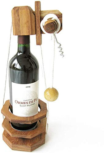 CASSE TÊTE pour BOUTEILLE avec TIRE-BOUCHON. Jeu puzzle en bois massif de difficulté 3/6. Marque française le Délirant® cadeau pour Noël, fête des pères. Cadenas accessoire de vin