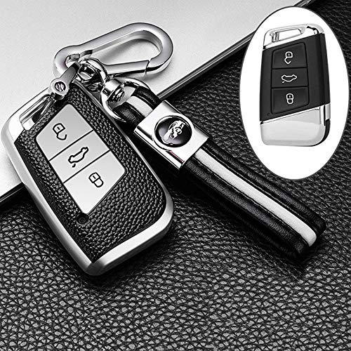 ontto Autoschlüssel Hülle Cover für VW Magotan Passat B8 CC Golf 7 Tiguan MK2 Jetta Skoda Superb A7 Kodiaq TPU Leder Schlüsselhülle mit Schlüsselanhänger Schlüssel Schutz Etui Fernbedienung-Silber