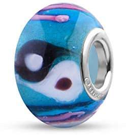 Quiges Drops Femme Perle de Verre de Murano Charm Bleu avec Yin-Yang et Lignes Rose