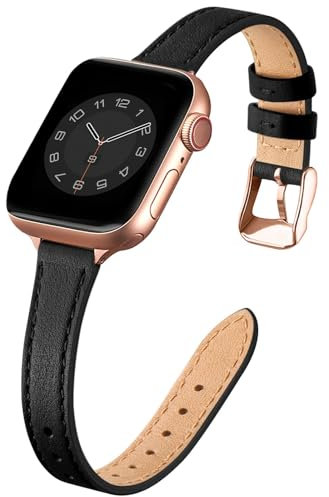 Bracelet Apple Watch Cuir Compatible avec le 38mm 40mm 41mm 42mm(Series 10),Cuir Fin Véritable pour Femme Remplacement,Apple Watch Series 10/9/8/7/6/5/4/3/2/1/SE/SE2(Noir&Or rose)