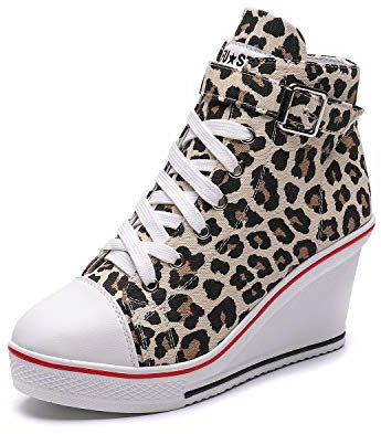 Mujer Cuñas Zapatos 35-43 EU De Lona High-Top Tacón 7 CM Zapatos Casuales Talla Grande Zapatillas de Cuña para Mujer Zapatillas de Deporte Zapatillas Altas Primavera/Verano Tacón Cuña Leopardo,EU35