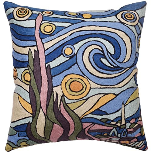 Kashmir Designs Van Gogh Sternennacht-Kissenbezug | Blau Artwork Kissen Art Deco Couchkissen Akzent-Dekokissen Outdoor Mid Century Stuhlkissen Handgefertigte Wolle Größe 45,7 x cm