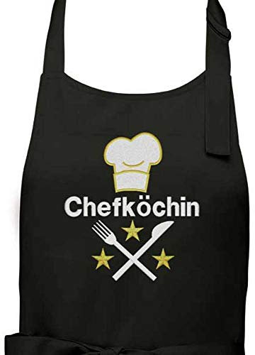 Schürze schwarz 90x76 cm Chefköchin Kochmütze Besteck Sterne bestickt Kochschürze Grillschürze Latzschürze Handwerken Heimwerken Garten Hobby