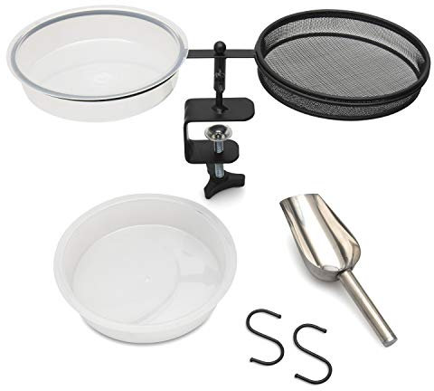 Ardner Deck Mounted Bird Feeder Bath heavy duty adjustable clamp fine mesh seed tray extra water bowl 2 S hooks and stainless steel seed scoop included.