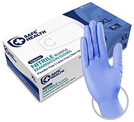 Safe Health Gants Jetables d'examen en Nitrile Taille XL Bleu-pourpre, Boîte de 90 gants, Sans poudre Sans latex Hypoallergéniques, Soins médicaux, 3,5 Mil
