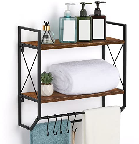 Badezimmer Handtuchhalter 2 Ebenen Wandregal mit Handtuchstange, rustikaler Handtuchhalter mit Ablage für Wandaufbewahrung Regale mit Haken über Toilettenregal Wandmontage Handtuchhalter Regal