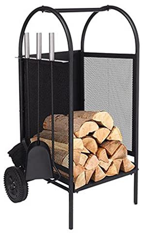 ChengBeautiful Brennholzständer Metall-Brennholz-Log-Trolley-Warenkorbspeicher mit Rädern Kindling- und Begleit-Toolset (Farbe : Black, Size : 35x35x80cm)