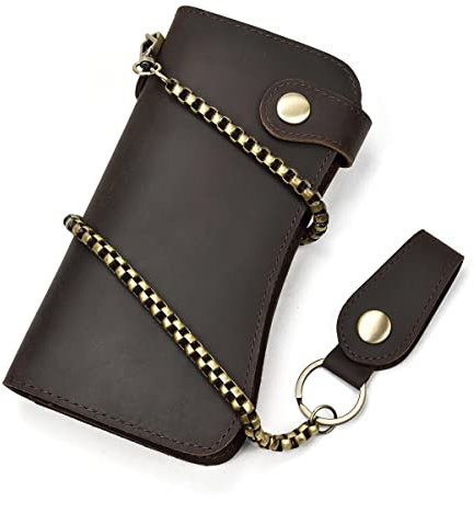 Geldbörse Herren, Echtem Leder Geldbörse mit Kette Herren Geldbeutel mit Münzfach Reißverschluss Portemonnaie 14Kartenfächern Männer Portmonee Brieftasche, Dunkelbraun