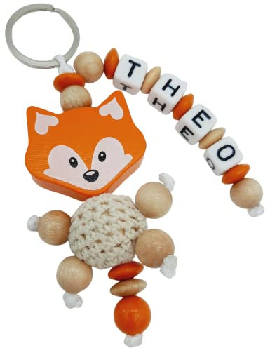 Schlüsselanhänger mit Namen personalisiert - 3D Fuchs mit Häkelperle - orange Holz natur - Namensanhänger für Kinder Mädchen Junge