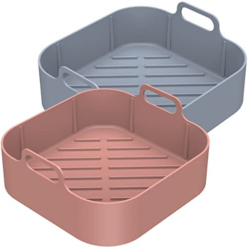 2Pcs Air Fryer Silicone Pot with Handle, Square Reusable Air Fryer Liner Replacement of Parchment Paper Liners Heat Resistant Air Fryer Silicone Basket for Air Fryer Oven Microwave(Oblique Lne)