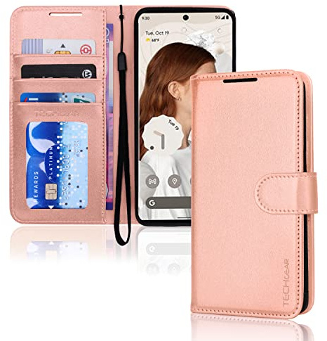 TECHGEAR Pixel 7 Pro Leather Wallet Case, Flip Protect Case Cover with Wallet Card Holder, Stand and Wrist Strap - Rose Gold PU Leather with Magnetic Closure Designed For Google Pixel 7 Pro