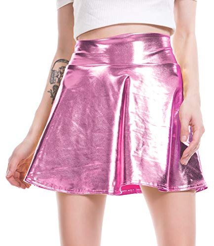 NewL Sexy Metallic Hohe Taille Mini PU Leder Rock Club Party Tanz Glänzend Holografisch Harajuku Metallic Plissee Unterteil, Rose, 40