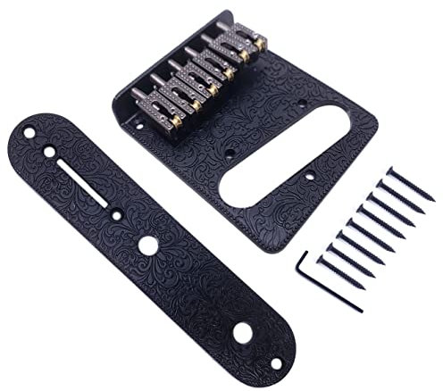 Jiayouy Carved Roller Telecaster Bridge 6 String Saddle Bridge Plate with 3 Way Switch Control Plate for Tele Telecaster Guitar Replacement (Black)
