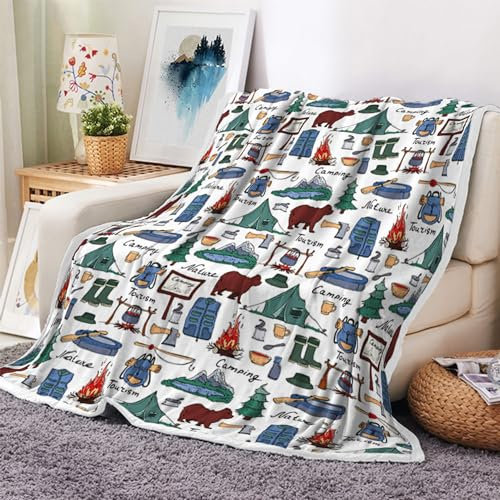 Camper-Überwurfdecke, Wohnmobil-Decken, Happy Camping, Reisen, Camper, super weiche, warme und gemütliche Mikrofaser, alle Jahreszeiten, Decke für Bett, Couch, Sofa, Bettdecke, Stadion, 127x152.4 cm