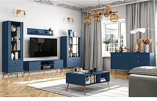 Wohnwand Wohnzimmermöbel dunkelblau 6-teilig Modern, 1 Vitrine, 1 Highboard, 1 Sideboard, 1 Lowboard, 1 Couchtisch, 1 Wandboard inkl. LED-Beleuchtung