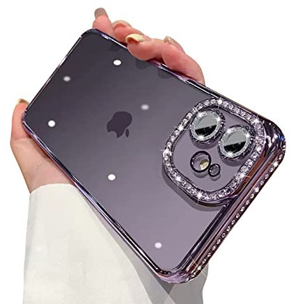 Ownest Compatible with iPhone 12 (6.1'') Case,Bling Glitter Clear Crystal Cute Phone Case with Camera Protector, Shockproof Sparkle Len Phone Case-Purple